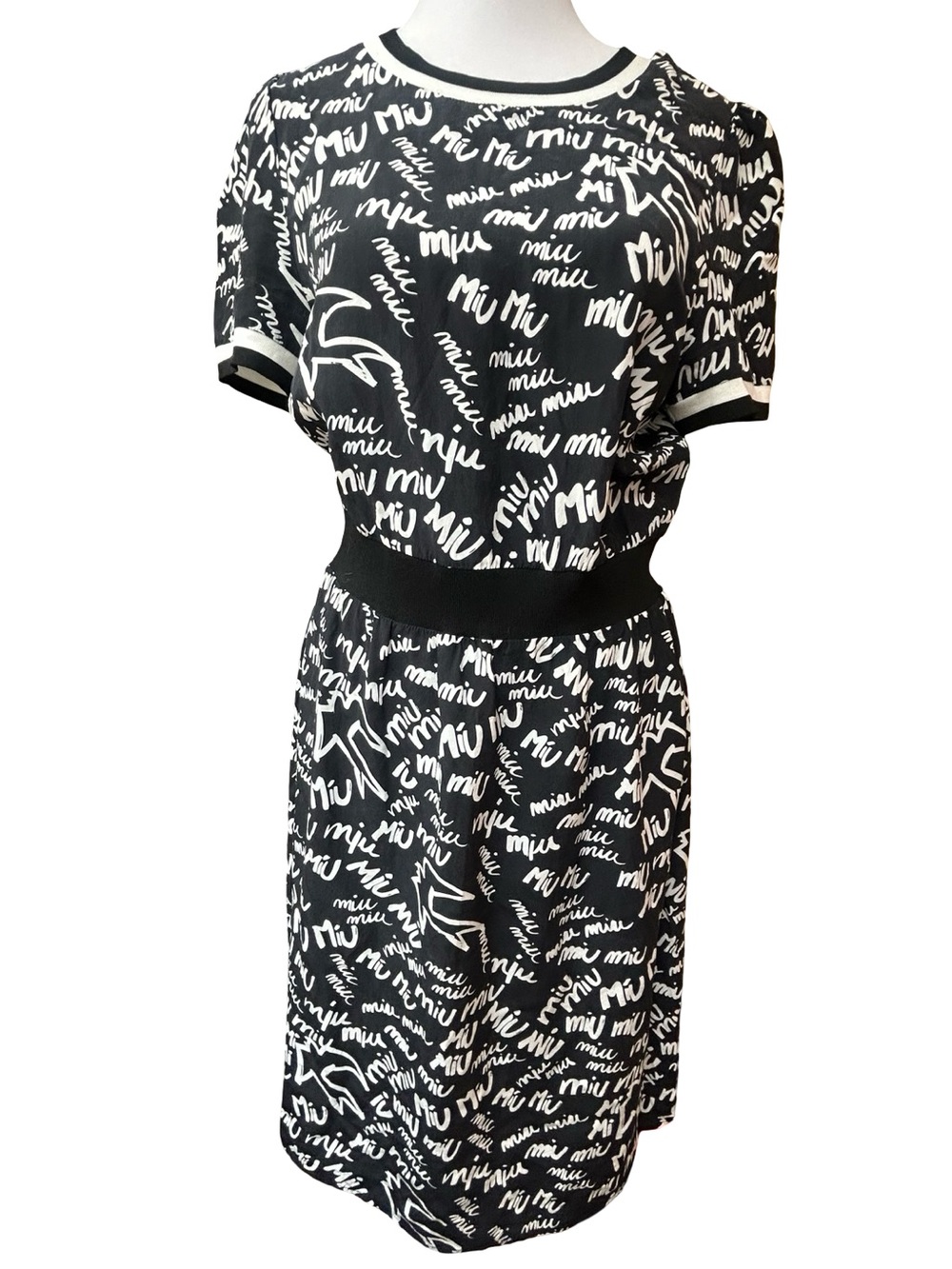 Black & White all over graffiti Script bird Print blouson Dress Elastic Waist S